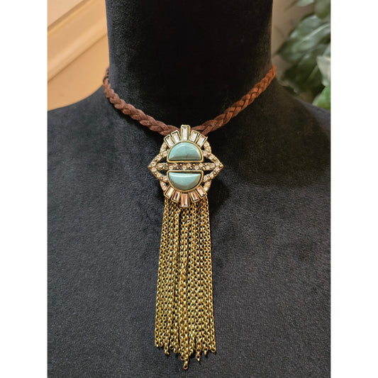 Women's Boho Statement Necklace Turquoise Tone Pendant Gold Fringe Brown Cord