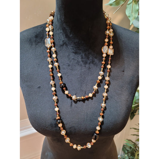 Women's Faceted Crystal and Brown Beaded Long Layered Necklace Jewelry