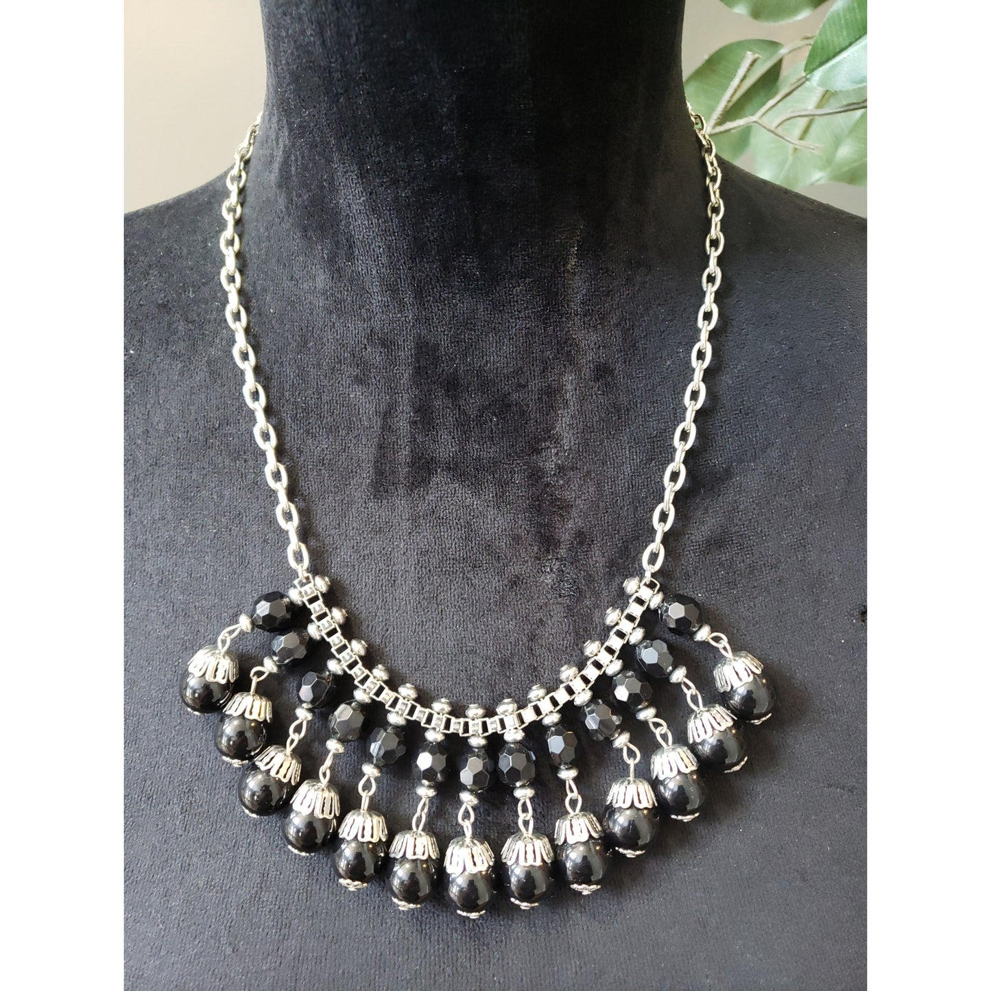 Vintage Black Beaded Necklace Silver Tone Statement with Faceted Drops