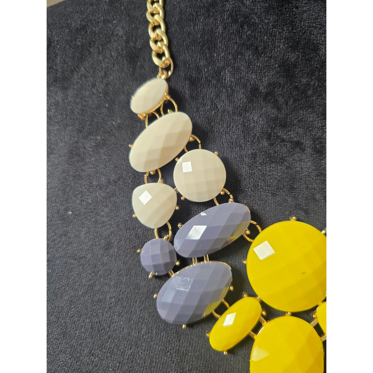 Bright Yellow Gray White Faceted Geometric Beaded Gold Tone Bib Necklace