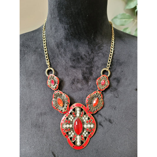 Women's Red and Gold Statement Necklace with Floral Design Chain Clasp