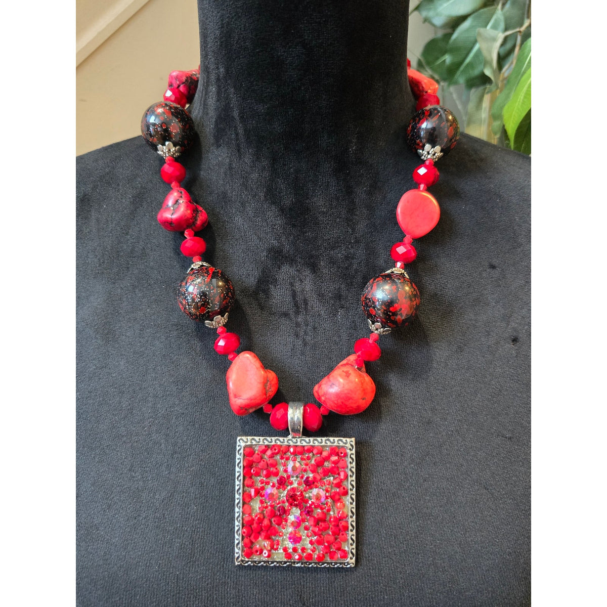 Women's Silver Tone Red Coral Gem Focal Beads Textured Square Pendant Necklace