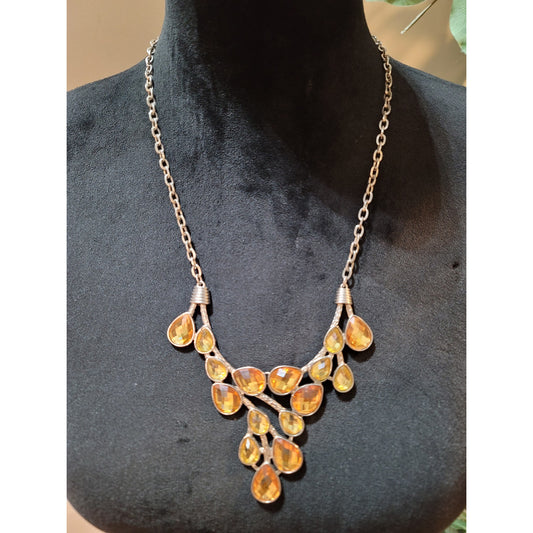 Women's Teardrop Yellow Gemstone Silver Chain Statement Necklace Jewelry
