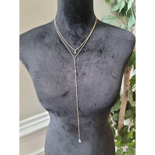 Women's Gold Layered Y Necklace Crystal Pendant Lobster Clasp Chain Jewelry