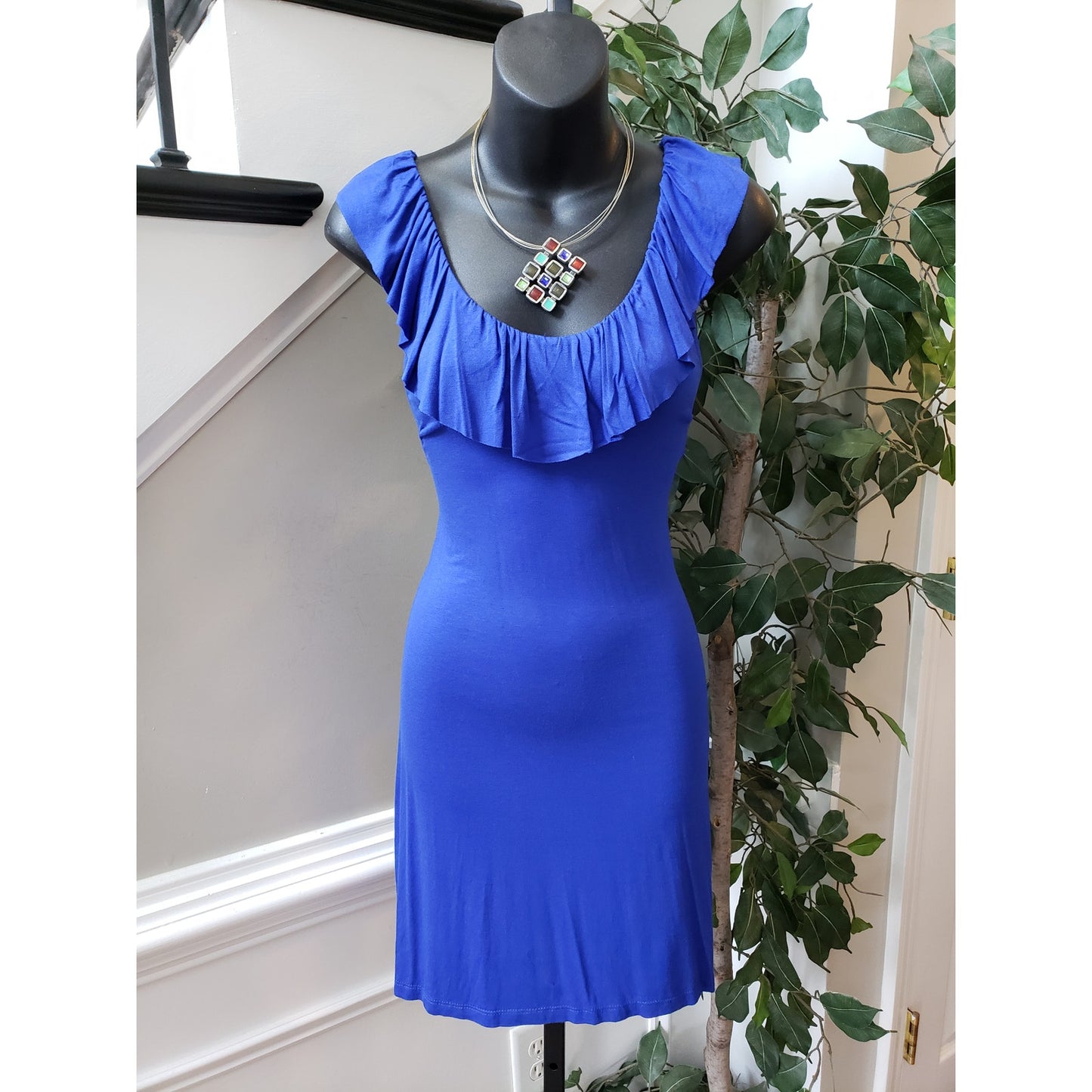 Charming Charlie Bodycon Dress Womens Small Blue Ruffle Sleeveless Keyhole Back