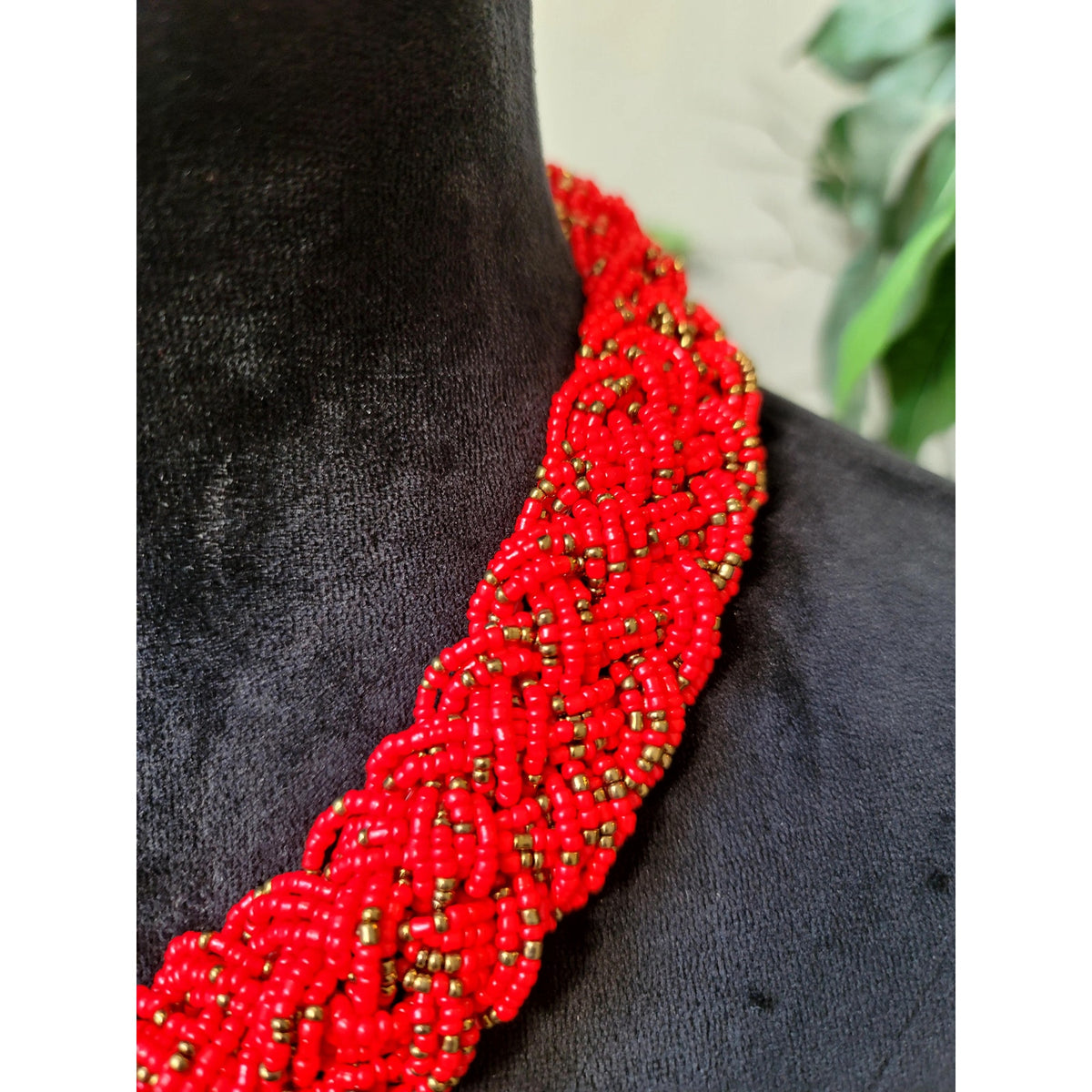 Women Handmade Red Seed Bead Braided Choker Necklace Statement Jewelry Gift