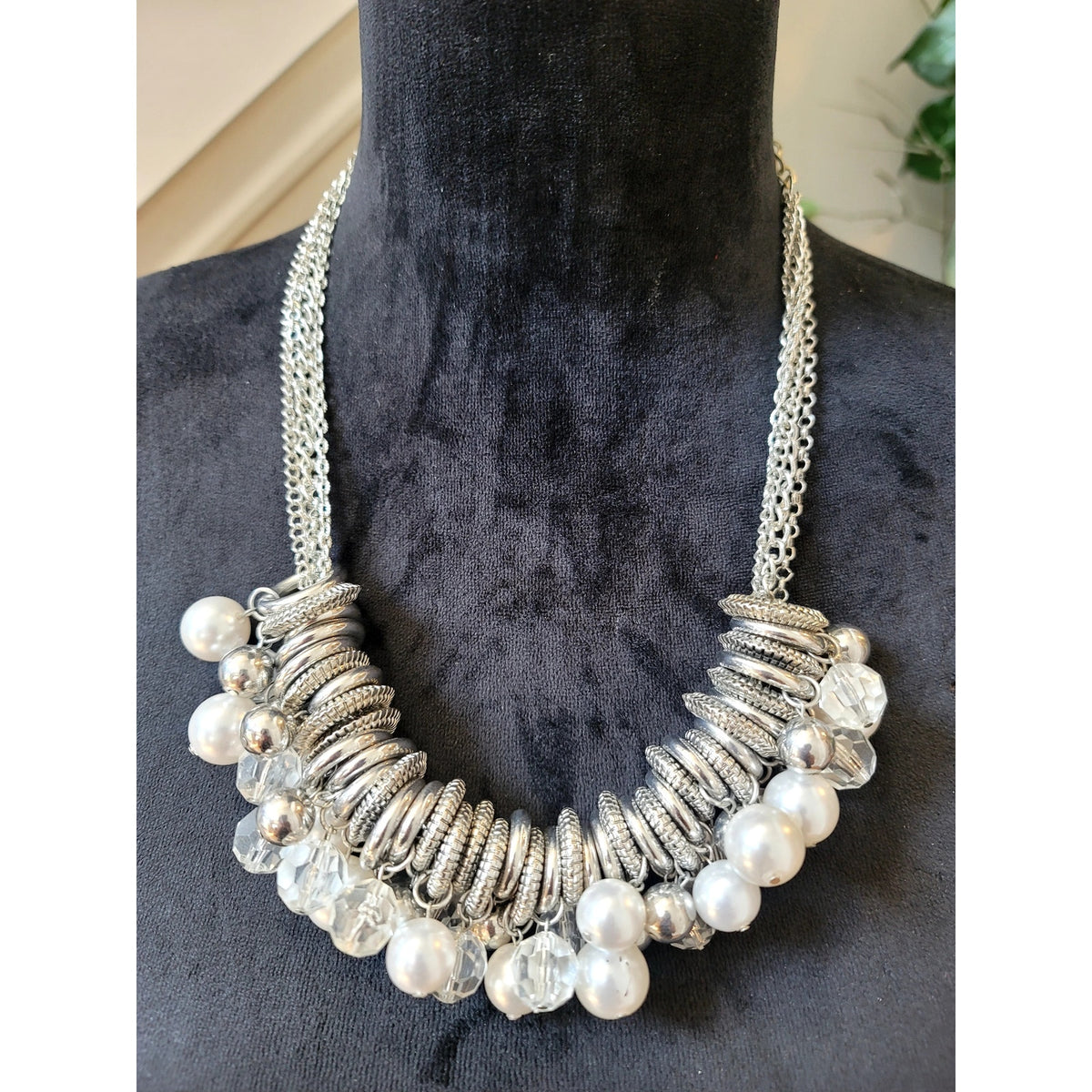 Silver Tone Faux Pearl Crystal Statement Bib Necklace Multi Strand Chunky Glam