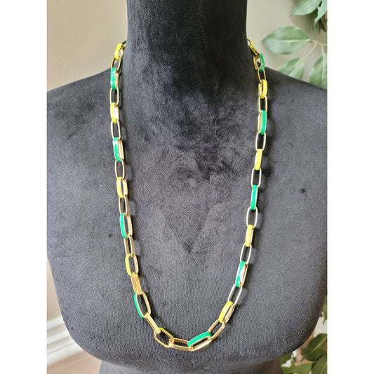Women's Green Yellow Enamel Link Necklace Gold Chain Fashion Statement Jewelry