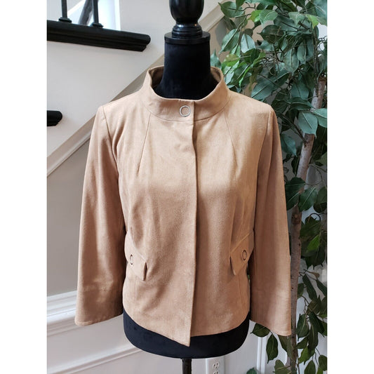 Chico's Black Label Womens Tan Faux Suede Flap Pockets Snap Front Jacket Size M