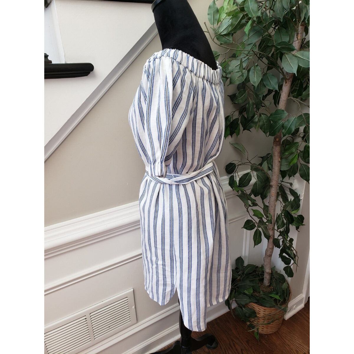 Michael Kors Women's White Striped Linen Off Shoulder Short Sleeve Mini Dress S