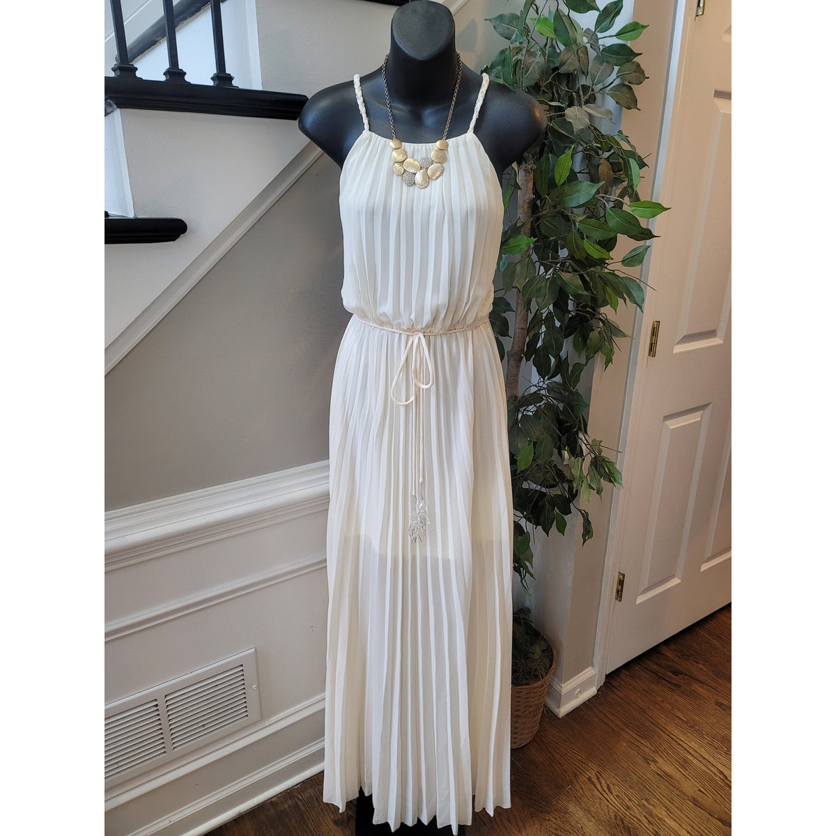 Ark & Co. Pleated Maxi Dress Women's S White 100% Polyester Braided Tie Waist