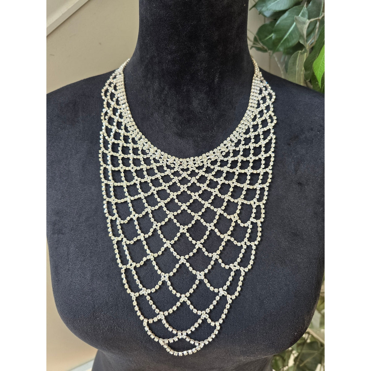 Silver Rhinestone Crystal Draped Bib Necklace Earrings Set Bridal Formal