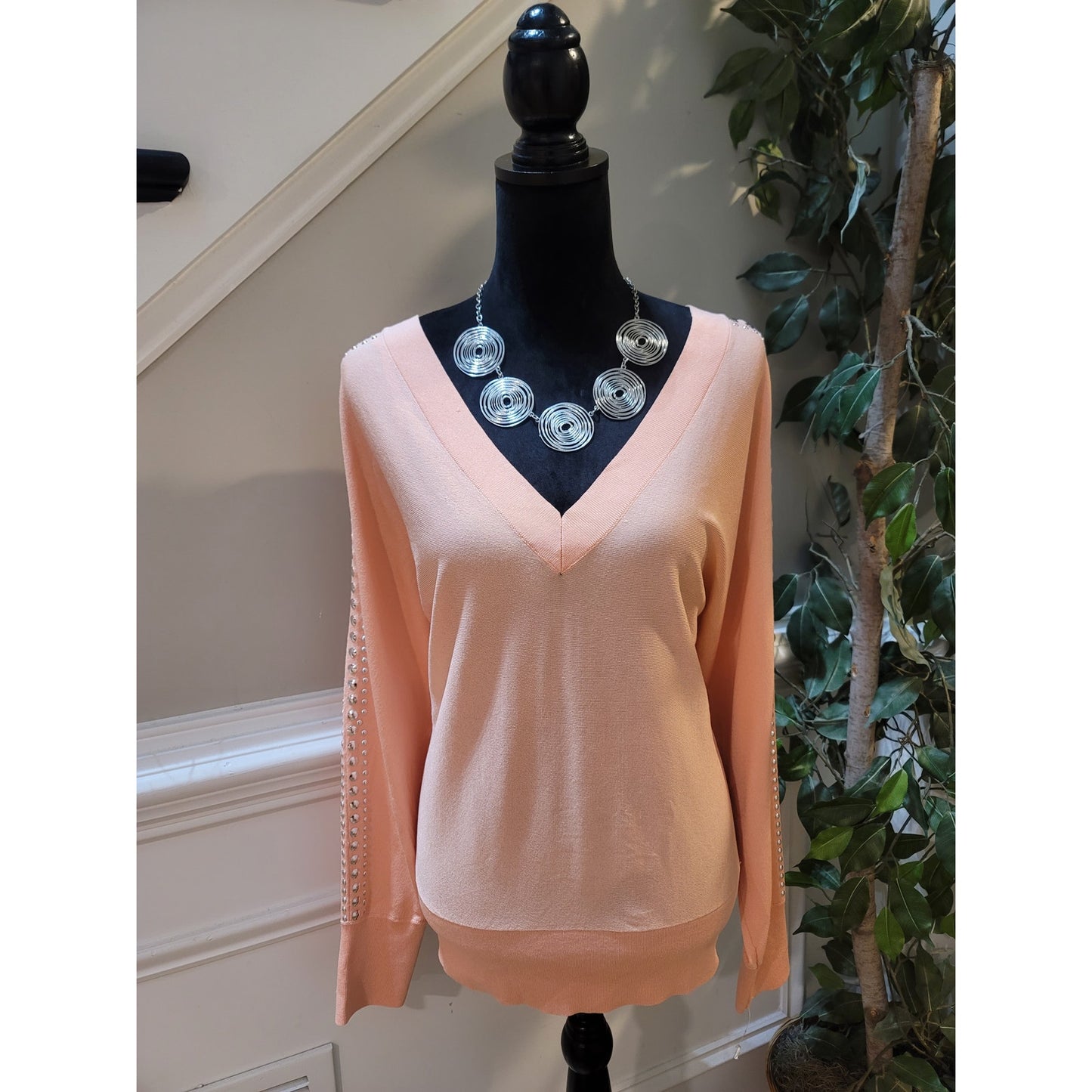 INC International Concepts Sweater Women's XL Peach V Neck Studded Sleeves