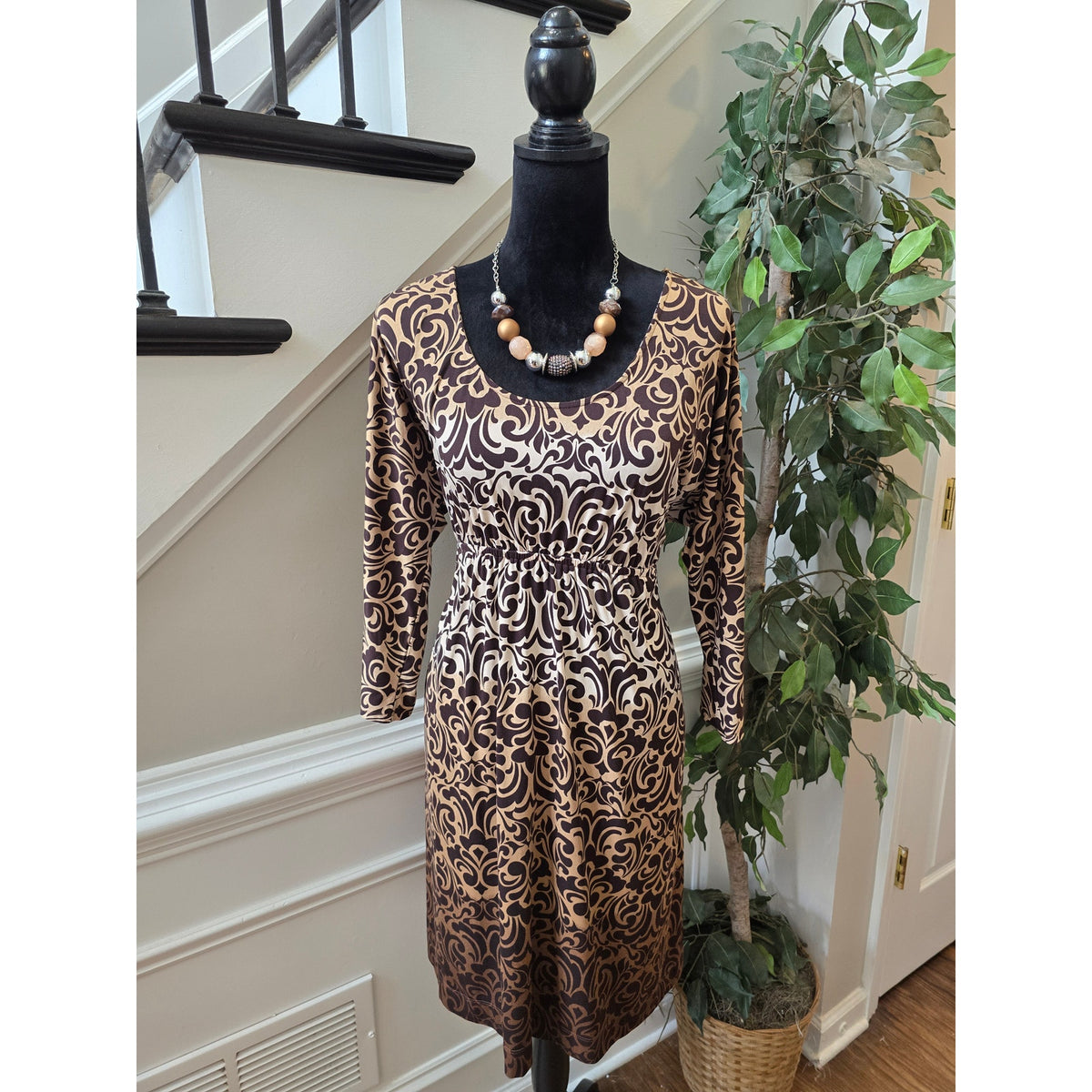 Soma Fit & Flare Dress XL Brown Beige Floral Scoop Dolman Sleeve Casual Pullover