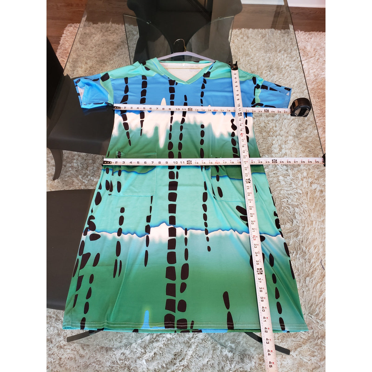 Abstract Tunic Dress Women Size XL Blue Green Short Sleeve V Neck Pockets Casual