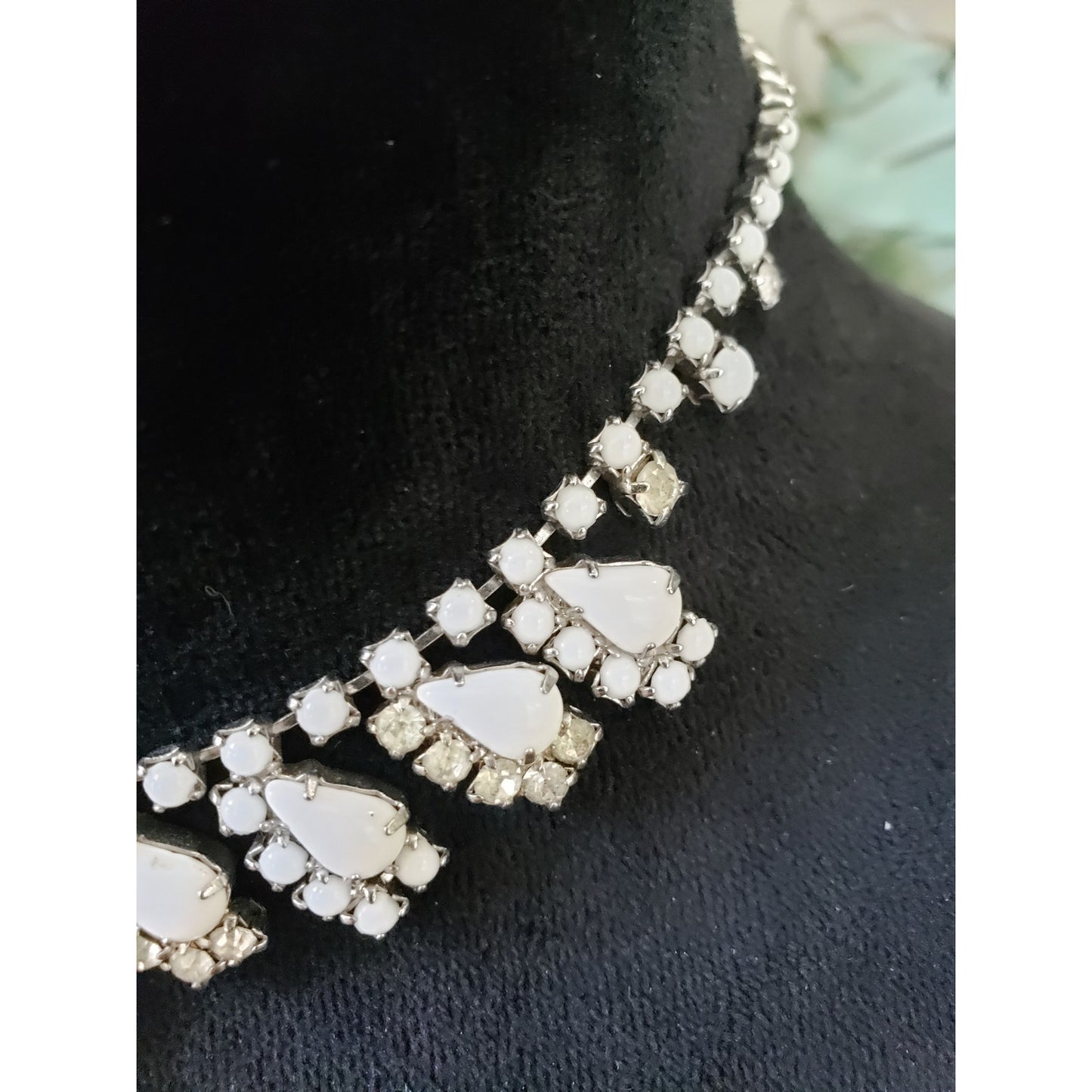 Womens Silver Tone Milk Glass Rhinestone Choker Necklace Jewelry with Hook & Eye