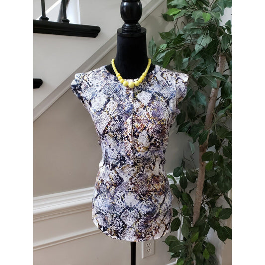 Soho Women Multicolor Ruffle 100% Polyester Round Neck Short Sleeve Top Blouse M
