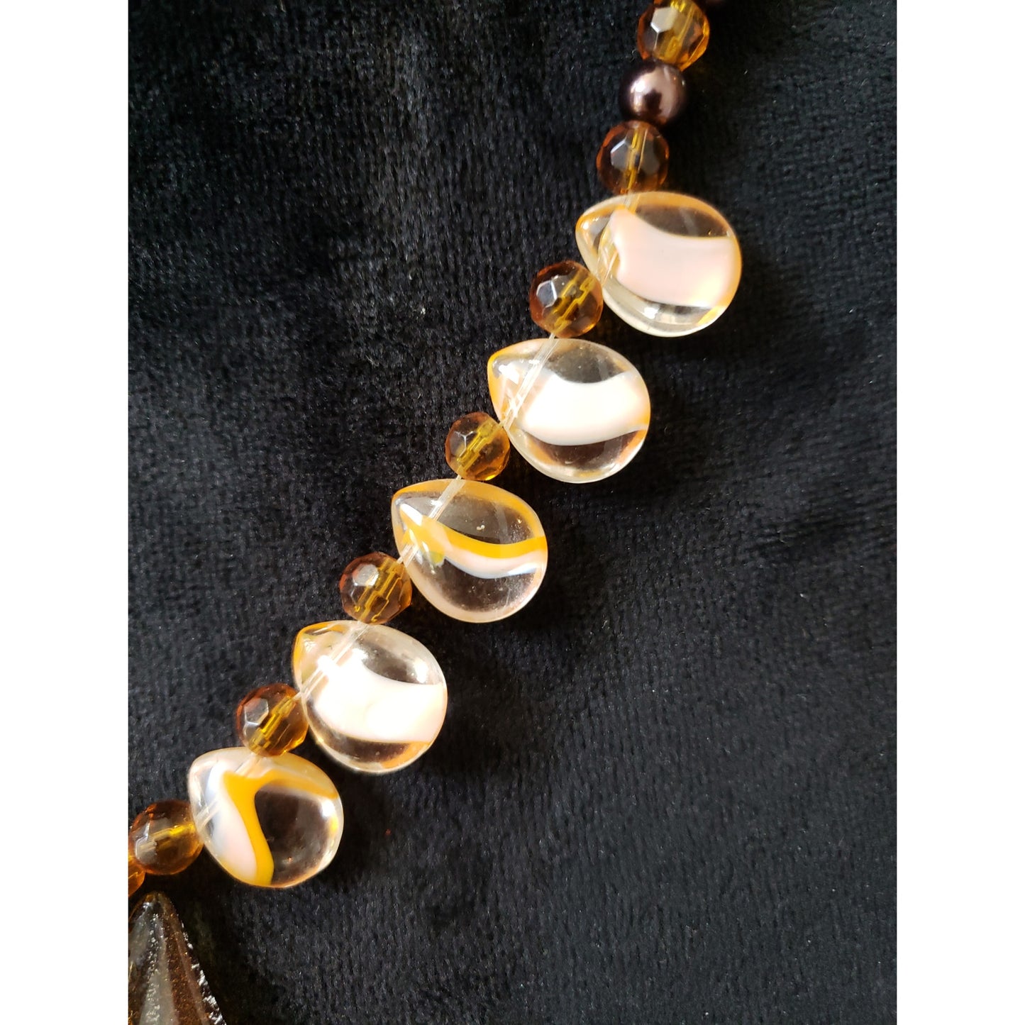 Vintage Amber Glass Bead Necklace with Teardrop Pendant and Gold Accents