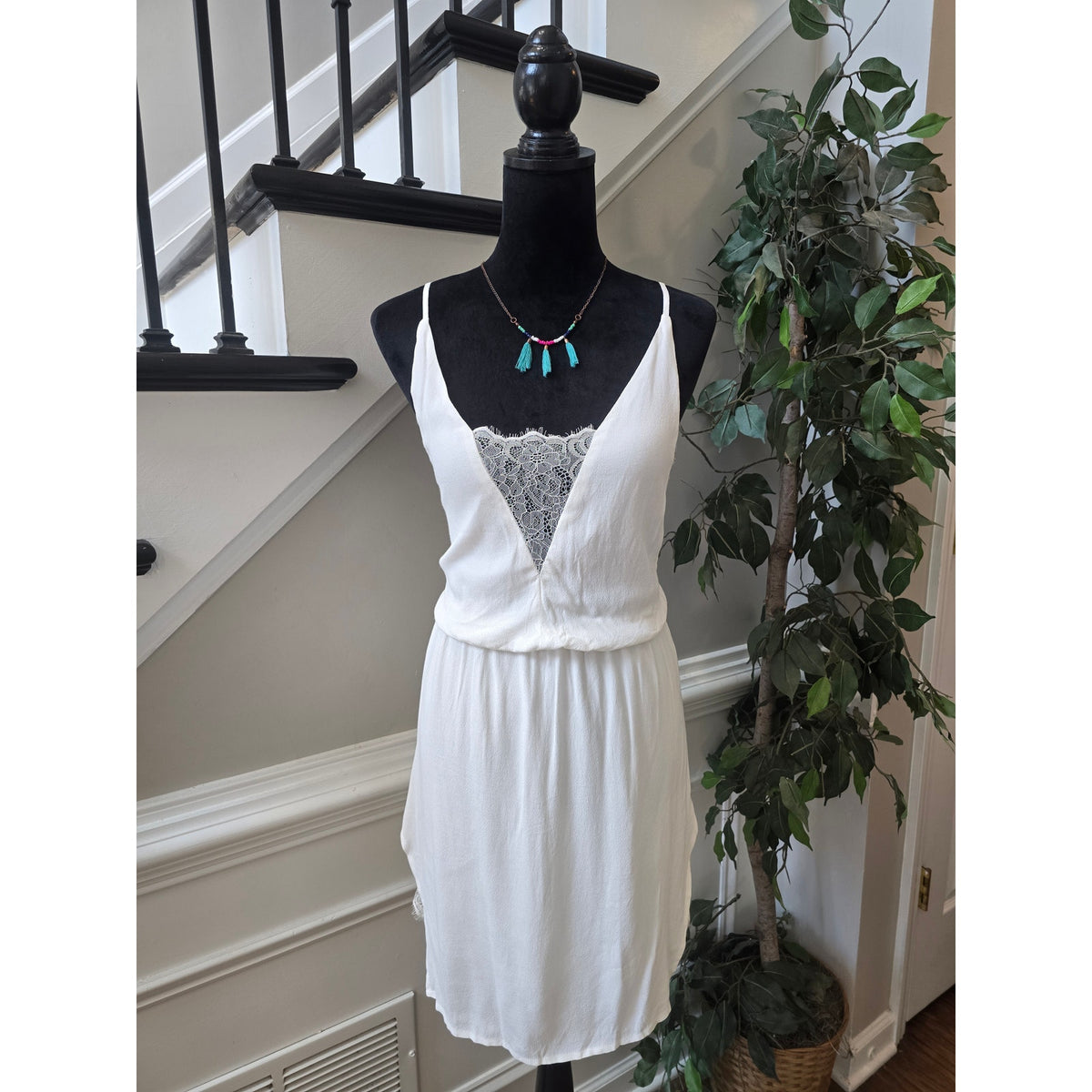 Slip Dress Women's Large White Crochet Open Strappy Back Side Slit Sleeveless