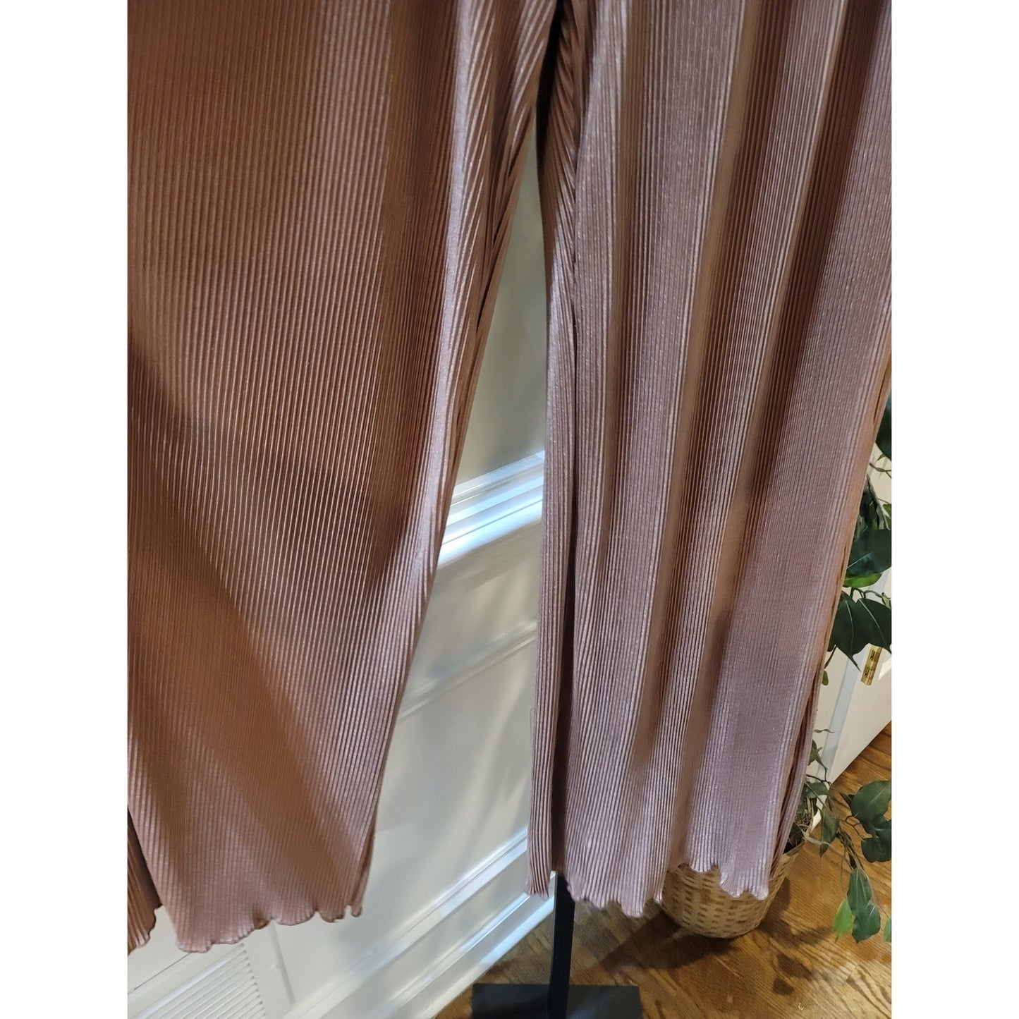 Polyester Pants Women's Size XL Pleated Light Brown Stretch Elastic Waist Luxury