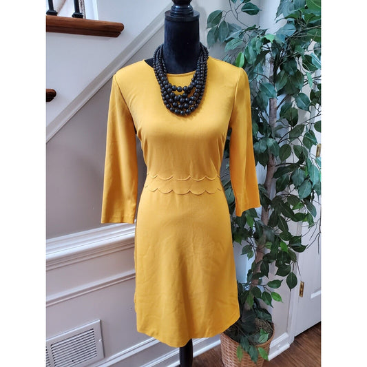 Banana Republic Mustard Yellow Solid Round Neck Long Sleeve Knee Length Dress 4