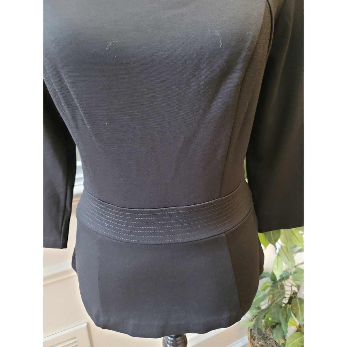White House Black Market Peplum Top S Black Stretch Square 3/4 Sleeve Pullover