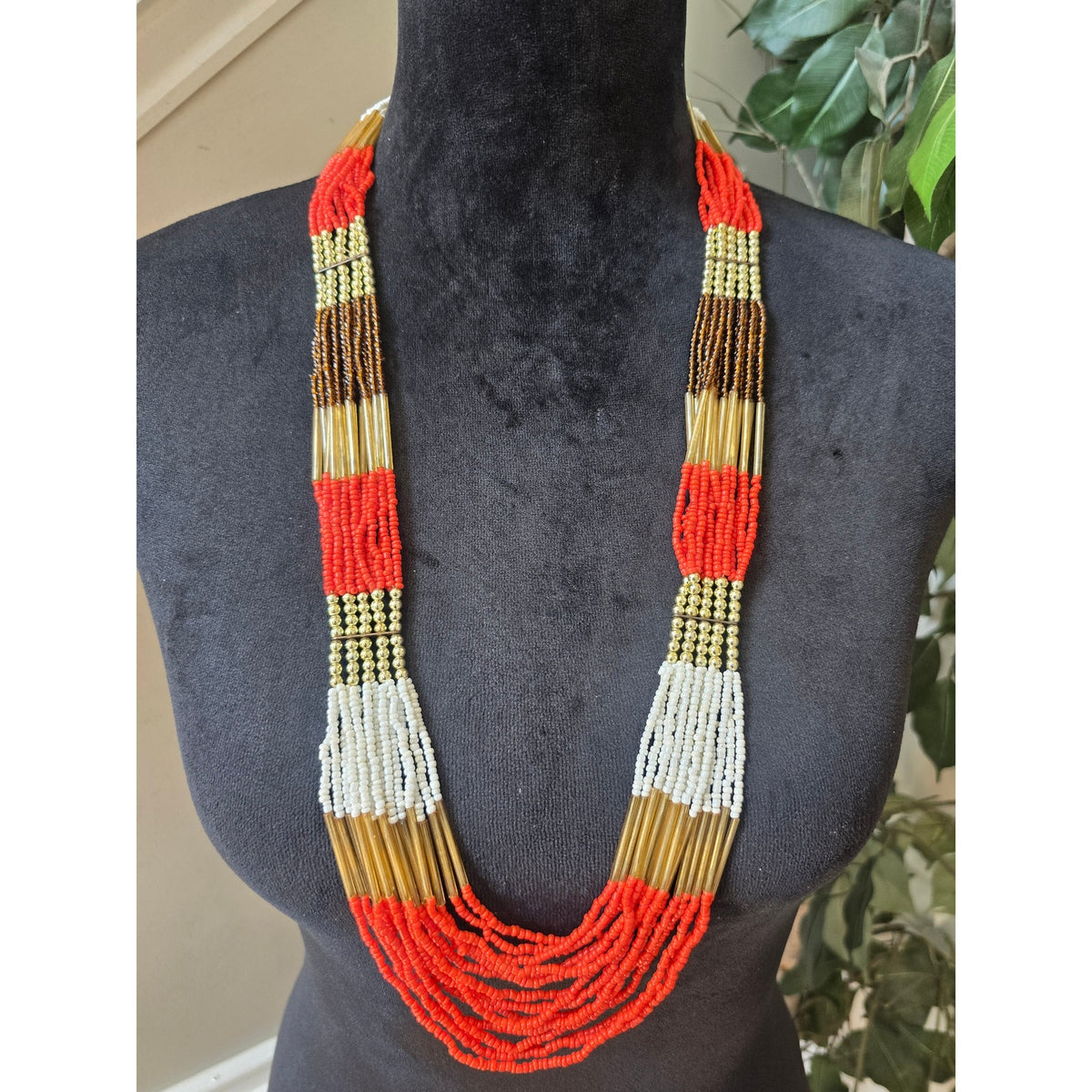 Red White Brown Multi Strand Seed Bead Long Statement Necklace