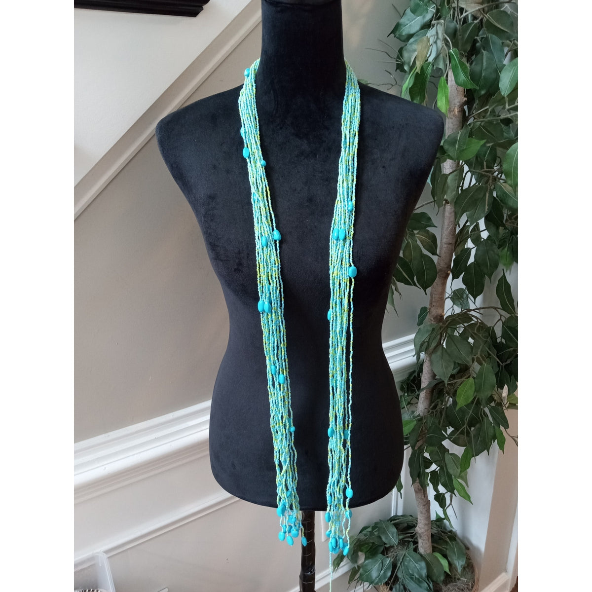 Long Turquoise Seed Bead Multi Strand Lariat Necklace Boho Statement Jewelry