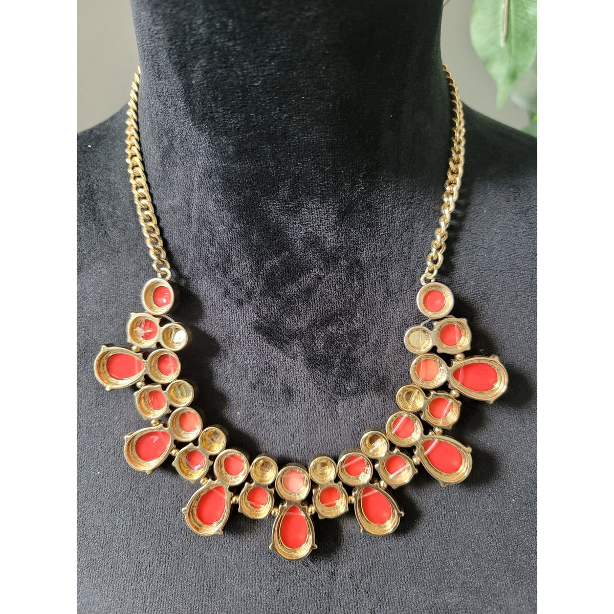 MIKA Gold Chain Necklace Red Teardrop Bead Bib Statement Jewelry Lobster Clasp
