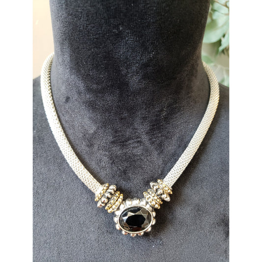 Women's Statement Necklace Silver Mesh Toggle Lock Black Gem Centerpiece
