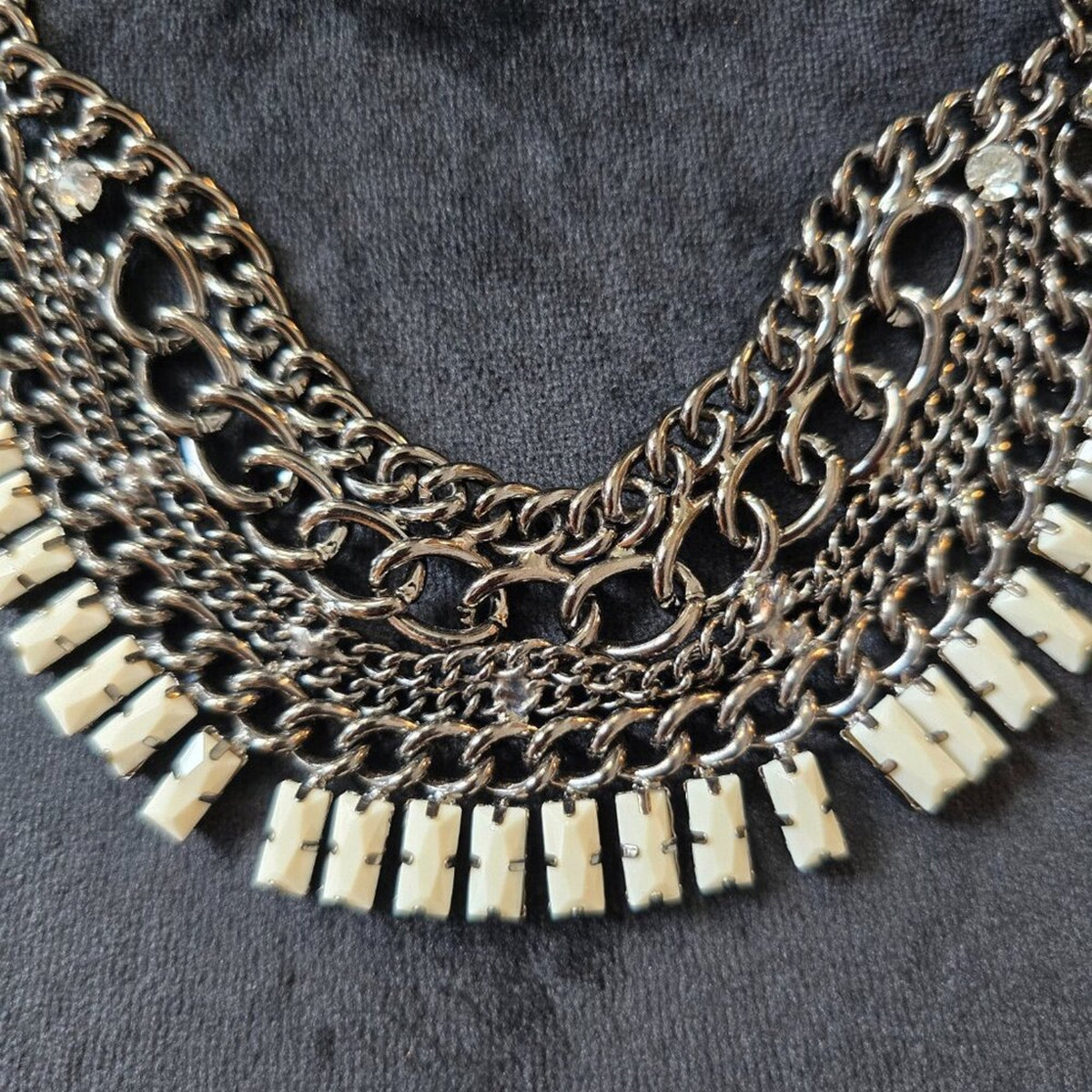 Womens White Chiclet Drops Bead Silver Tone Statement Bib Necklace Lobster Clasp