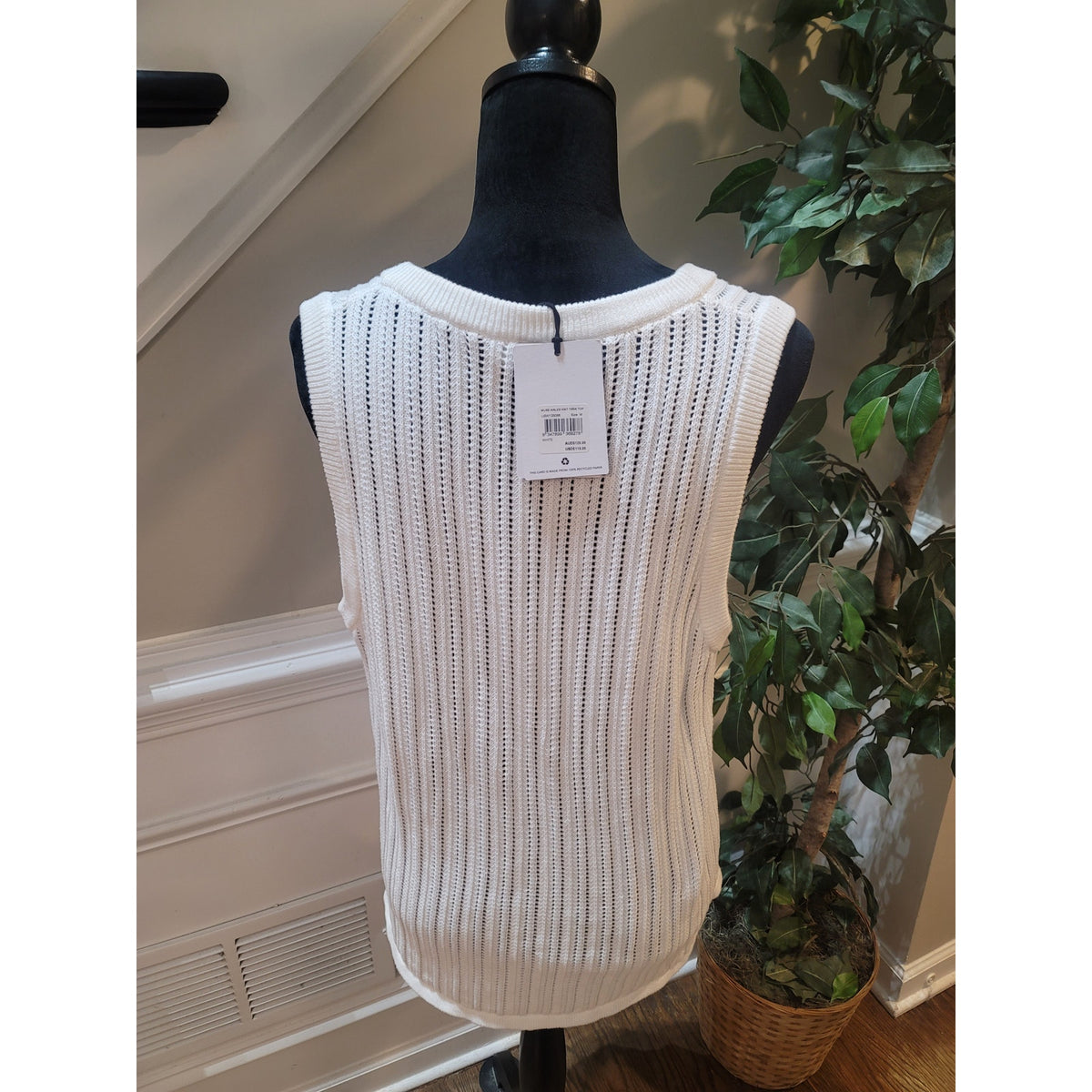 The Upside Stitch Sweater Women Medium White Open Knit Ribbed Armhole Sleeveless