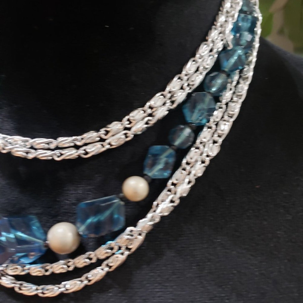Womens Bohemian Multi Strand Faux Pearl Blue Beaded Silver Tone Chain Necklace