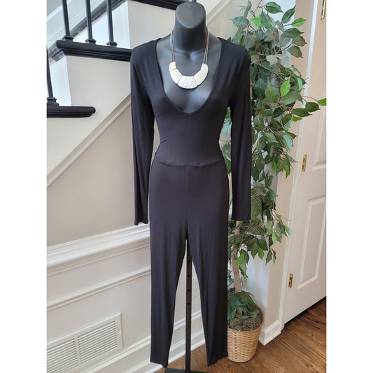 Shein Jumpsuit Women's Size Medium Black Long Sleeves Deep V Neck Slim Fit