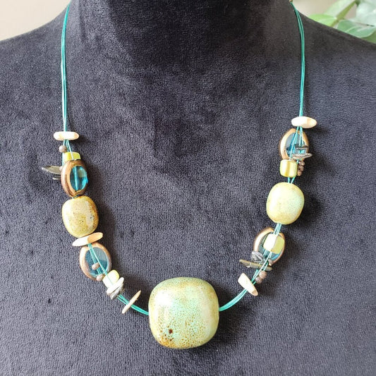 Premier Designs Women Ocean Girls Ceramic Glass Green Blue Bead Retired Necklace