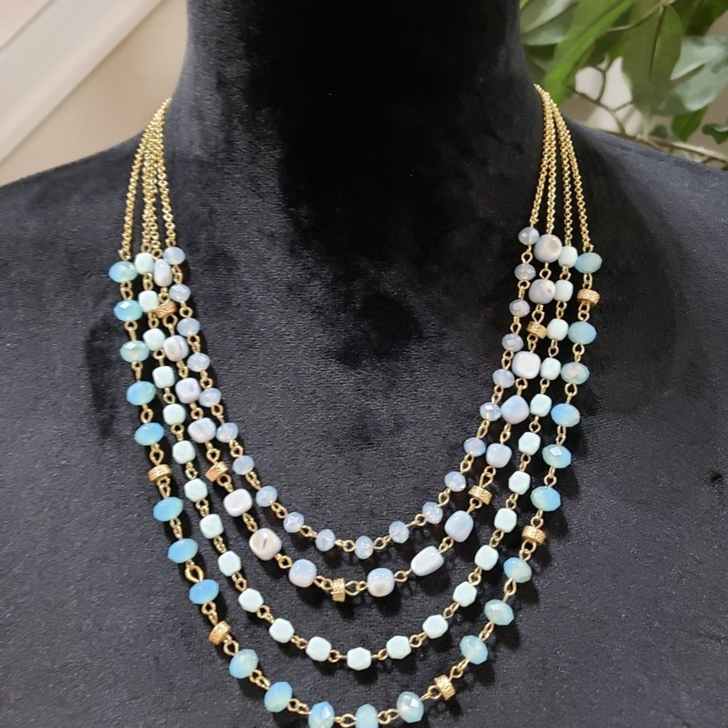 Womens Turquoise Beads Metallic Gold Cord Necklace with Earrings