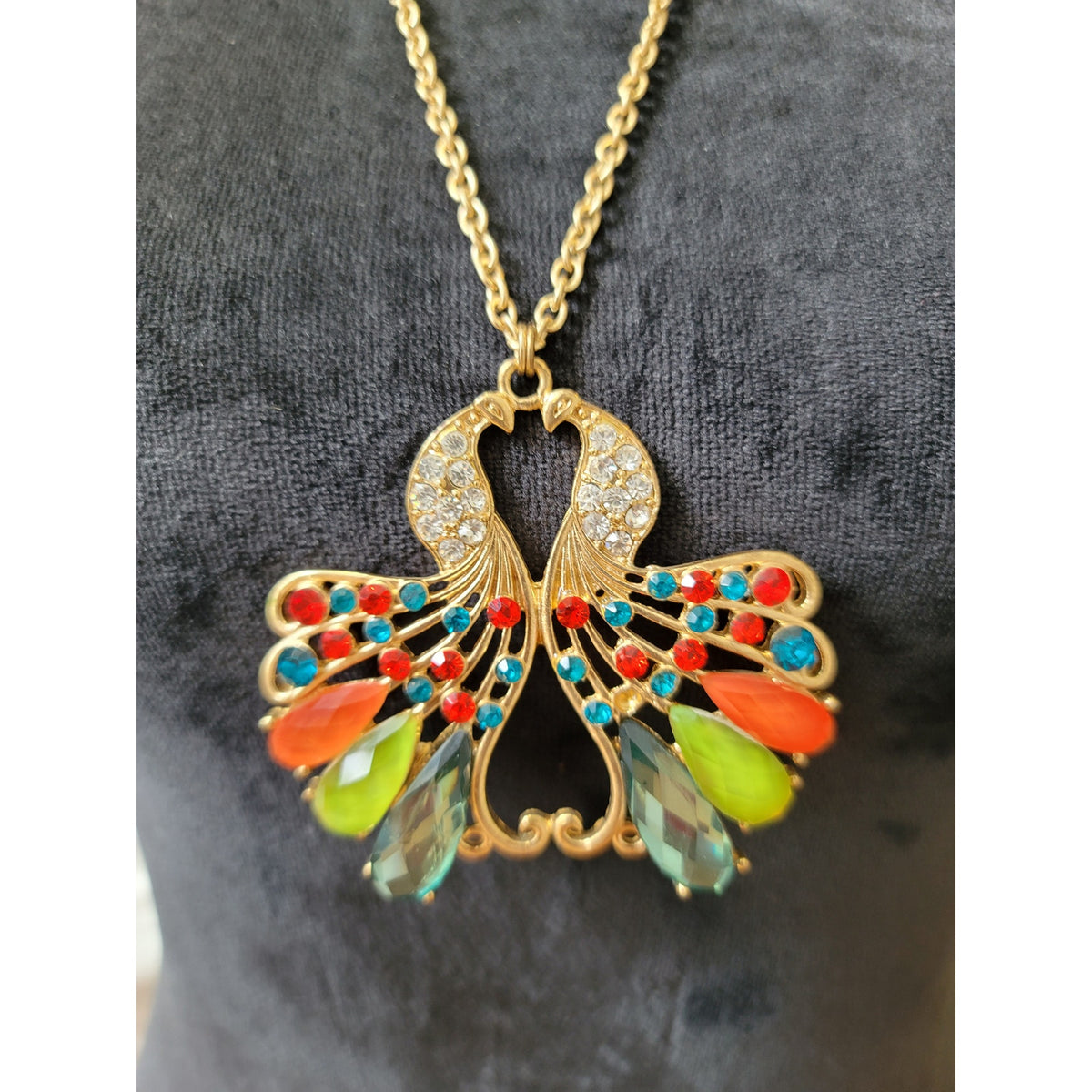 Women's Colorful Peacock Pendant Necklace with Gold Chain and Crystal Accents