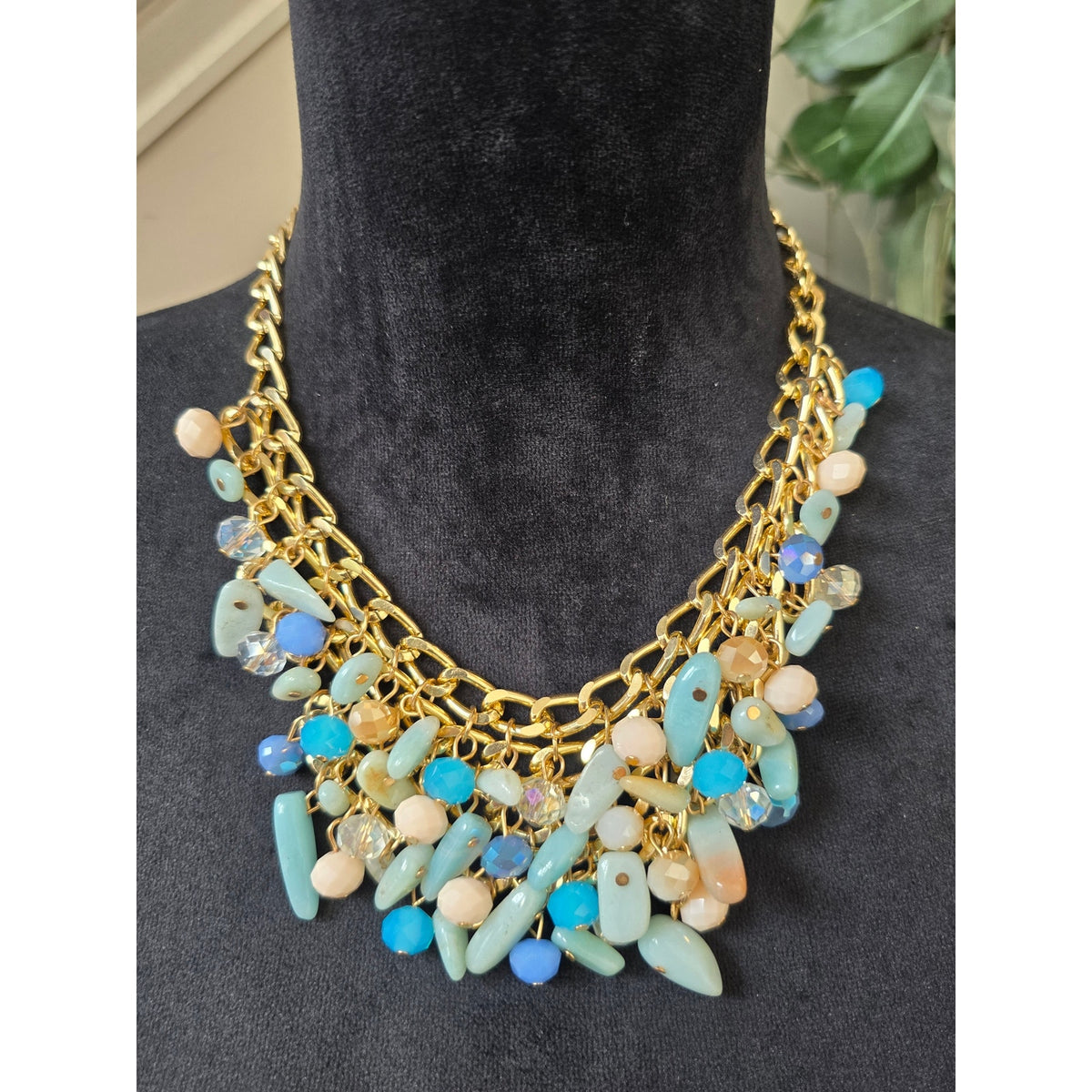 Turquoise Gold Multi Strand Beaded Statement Necklace