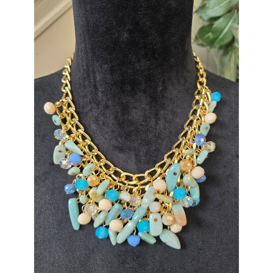 Turquoise Gold Multi Strand Beaded Statement Necklace
