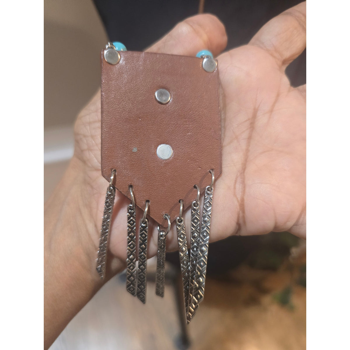 Women's Boho Turquoise Pendant Necklace With Fringe Design And Lobster Clasp