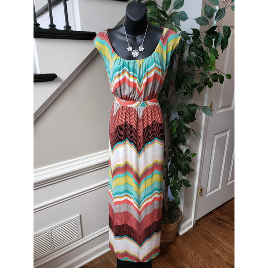 Worthington Long Maxi Dress Women's L Multicolor Chevron Round Neck Sleeveless