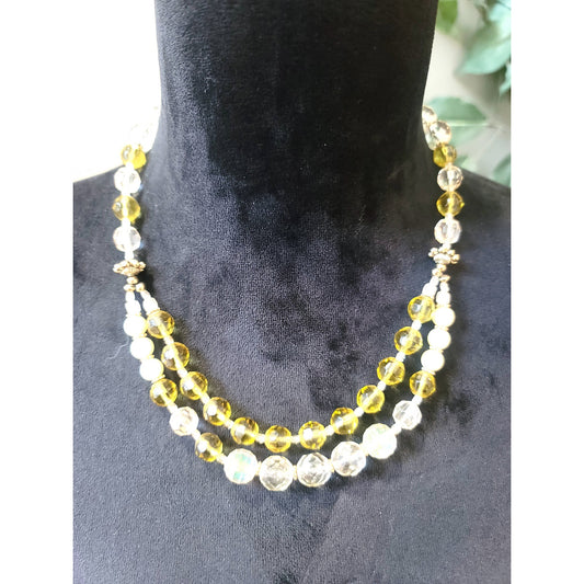 Women's Yellow Clear Beaded Necklace Toggle Clasp Double Strand Layered Jewelry
