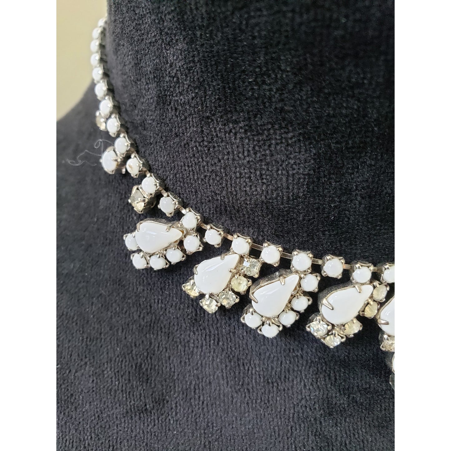 Womens Silver Tone Milk Glass Rhinestone Choker Necklace Jewelry with Hook & Eye