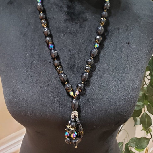 Women Fashion Black Crystal Beaded Teardrop Necklace with Spring Ring Clasp