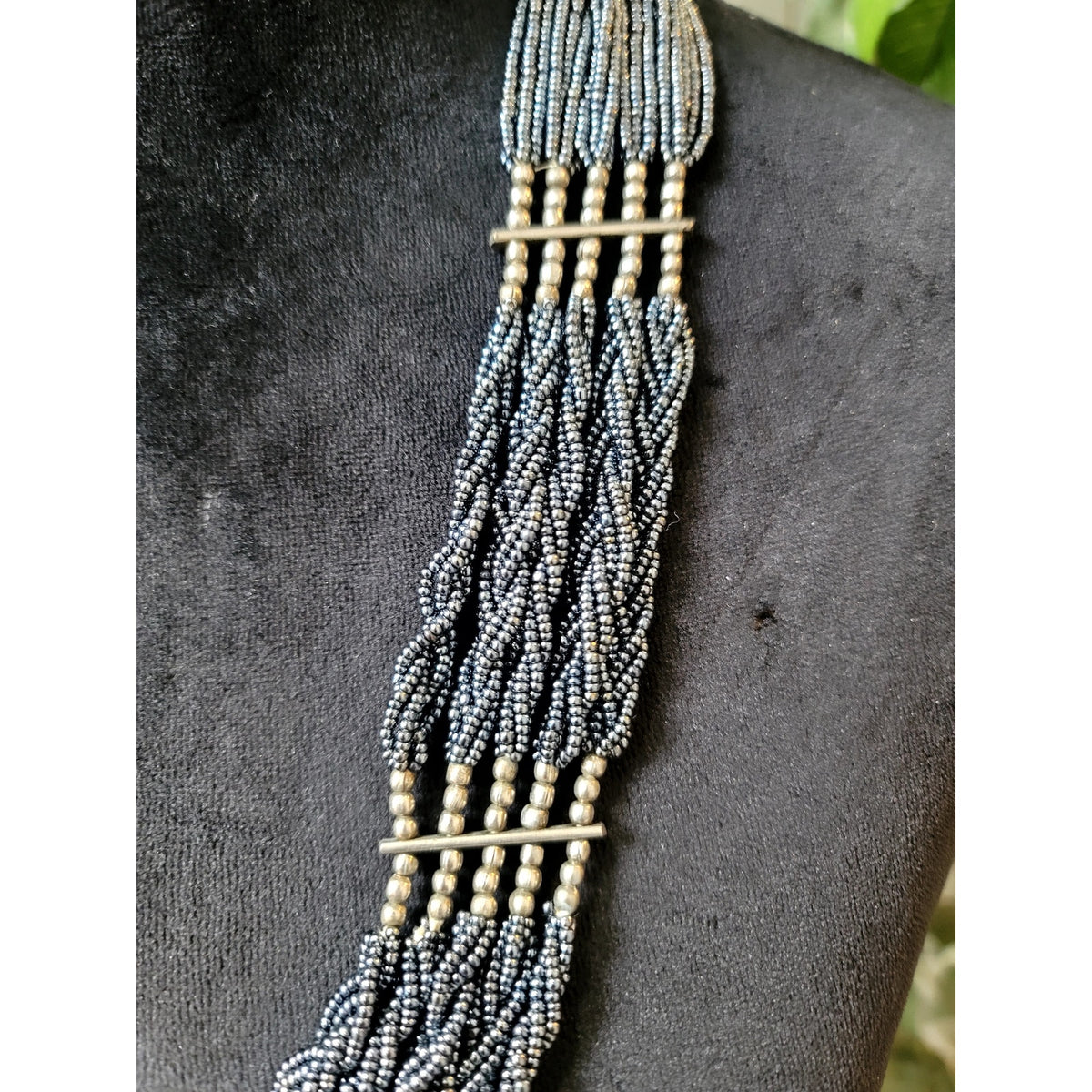 Gray Multi Strand Seed Bead Statement Necklace Gold Tone Accents