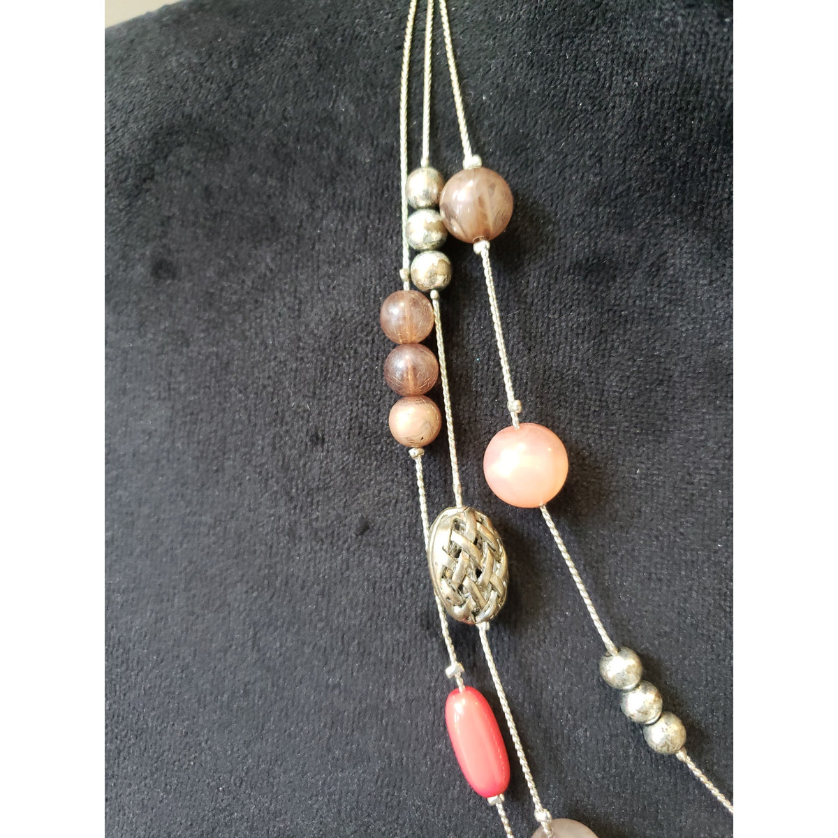 Women Layered Bead Necklace Rose Quartz Coral Stone Silver Tone Chain Clasp