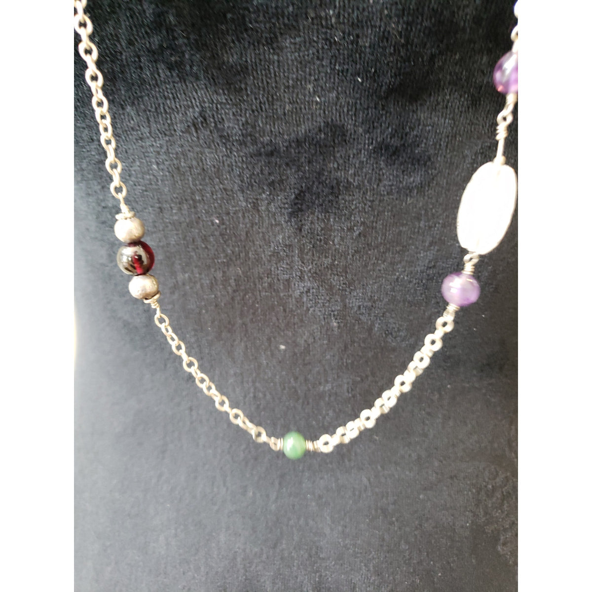 Women Long Beaded Necklace Garnet Amethyst Green Agate Silver Tone Chain