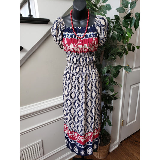Women's Long Maxi Dress S Multi Geo Pleated Puff Sleeve Round Neck Elastic Waist