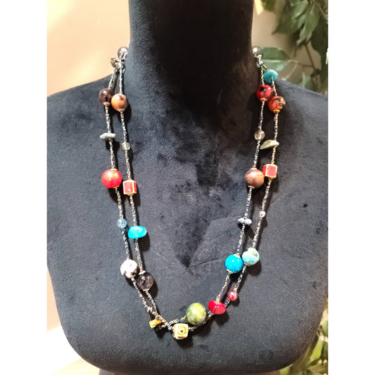 Women's Long Multicolor Beaded Necklace Boho Artisan Style Lobster Clasp Jewelry