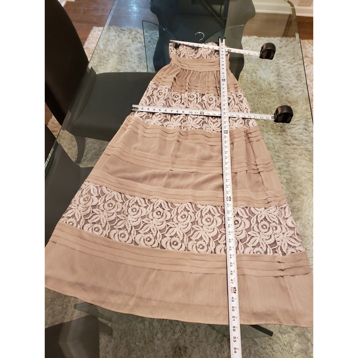 BCBGMAXAZRIA Women Beige Floral Lace Chiffon Off The Shoulder Long Maxi Dress XS
